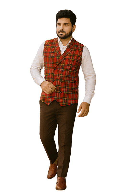 Vintage Plaid Red Regular Formal Waistcoat - styleflea