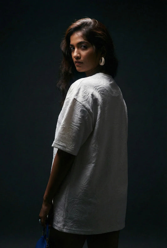 Rose White Embossed Drop Shoulder T-Shirt - styleflea