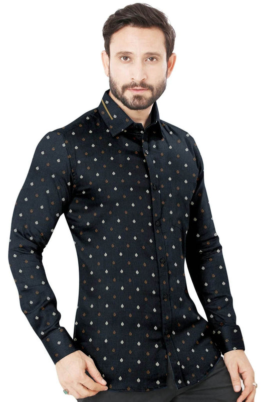 Black and Navy Printed Cotton Shirt - styleflea