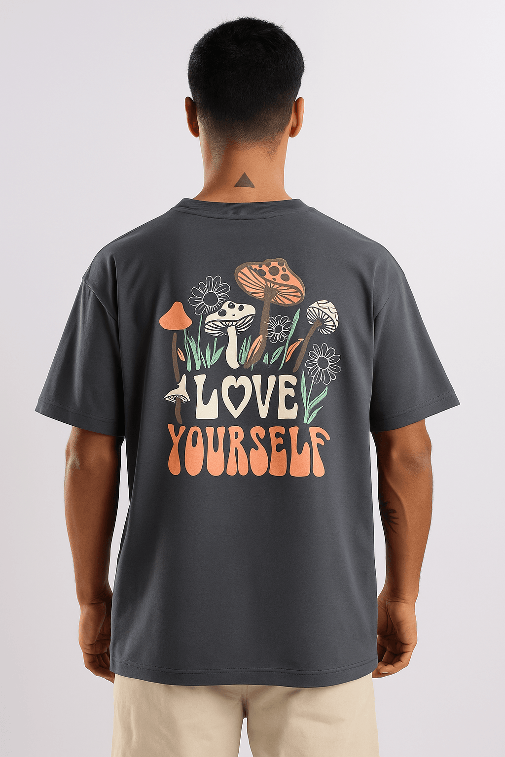 Love Yourself t-shirt in charcoal blue, back view