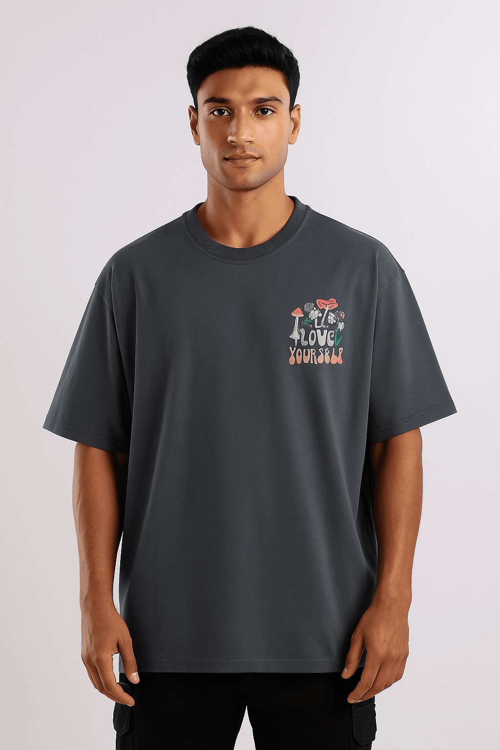 Love Yourself t-shirt in charcoal blue, front view