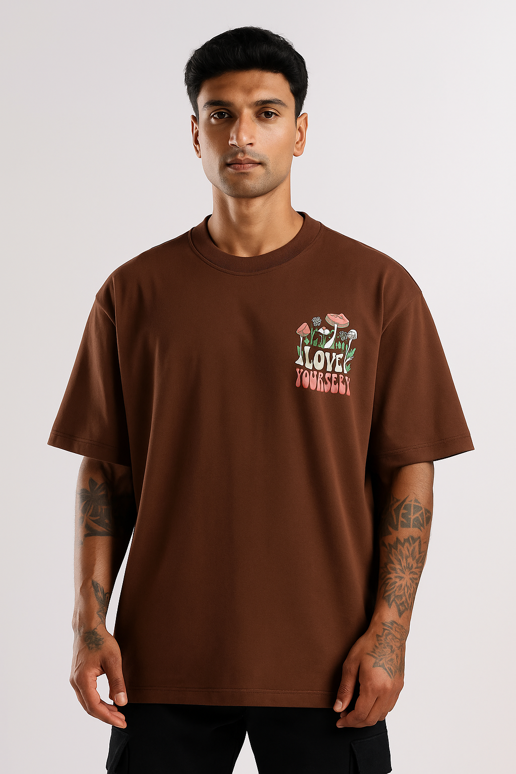 Love Yourself t-shirt in earthy brown, front view