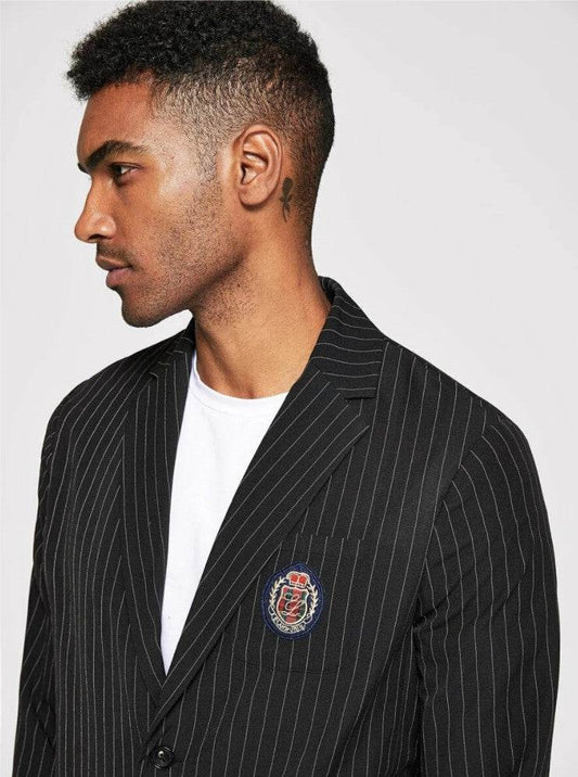 Men Patched Detail Vertical Striped Blazer - styleflea