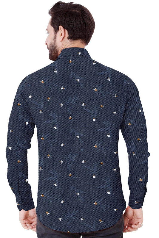 Navy Blue Printed Cotton Shirt - styleflea