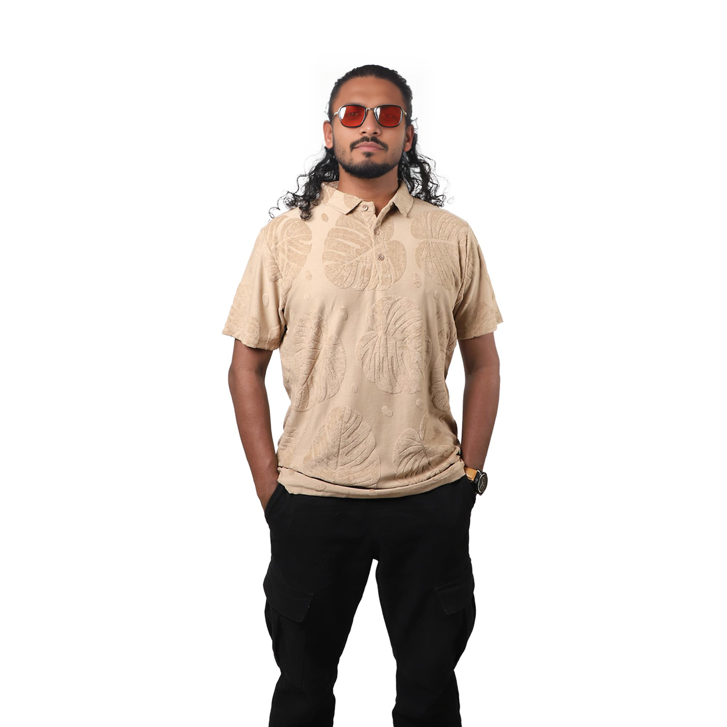 Beige Men Leaf Pattern Polo