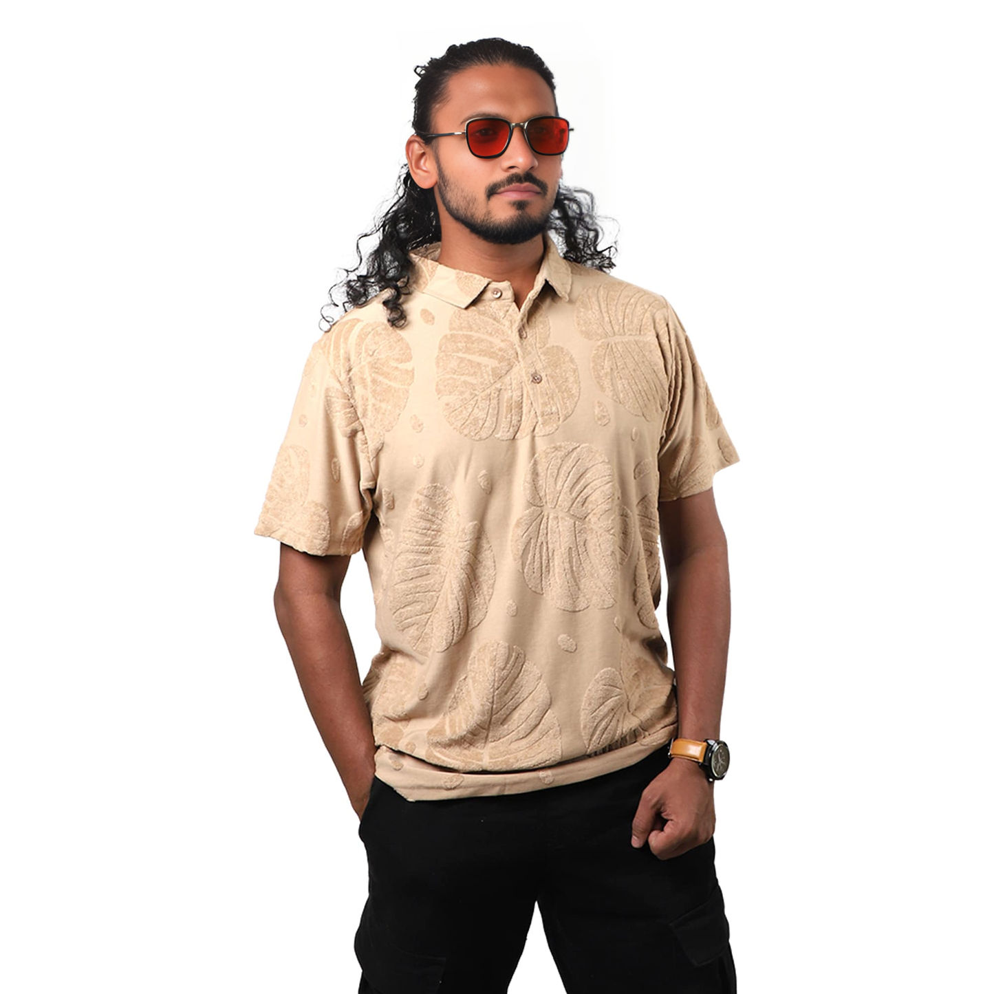 Beige Men Leaf Pattern Polo