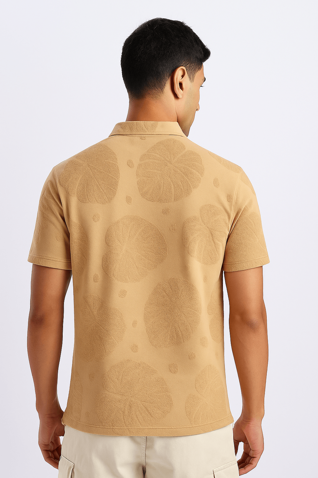 Beige Leaf Pattern Polo T-Shirt - styleflea