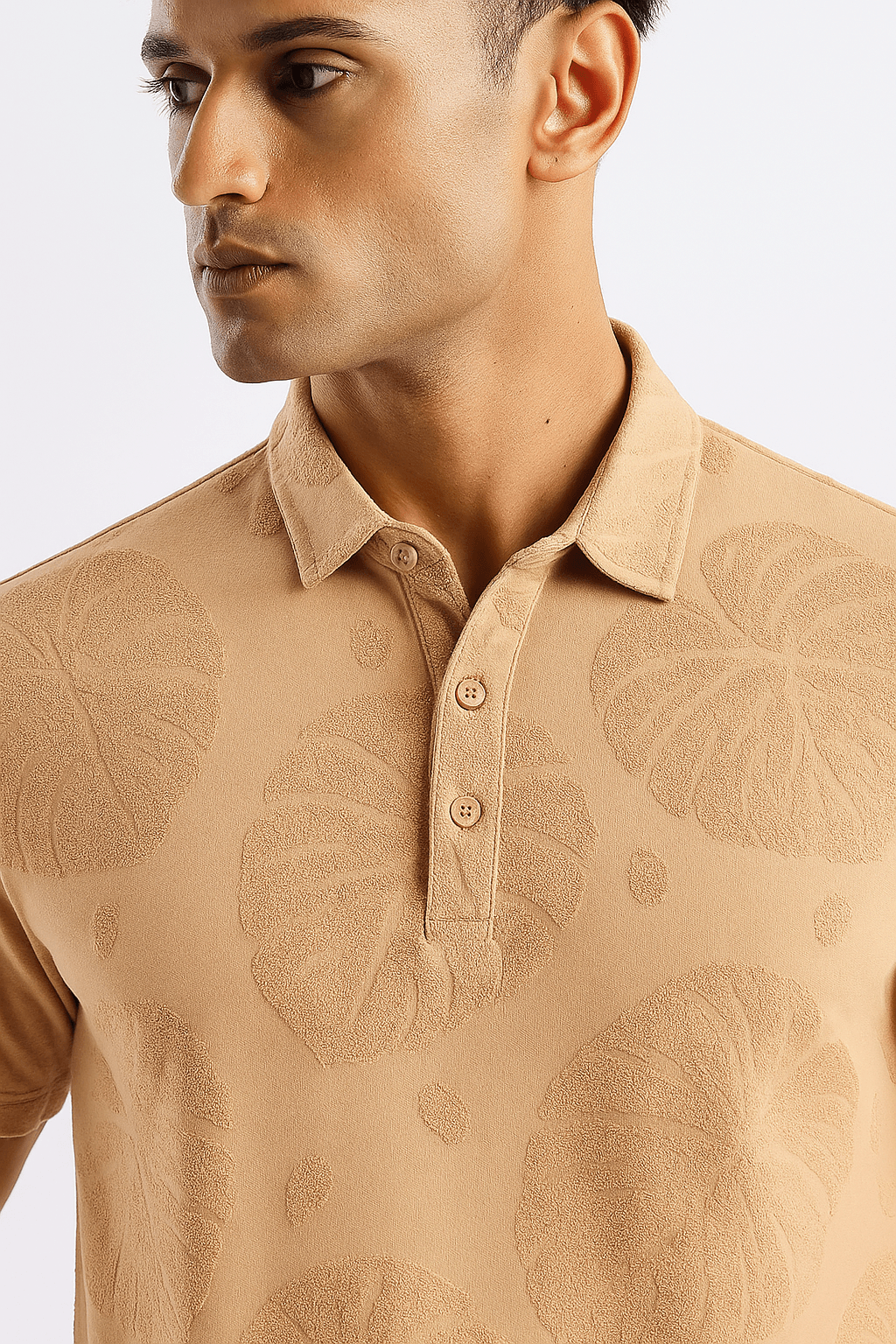 Beige Leaf Pattern Polo T-Shirt - styleflea