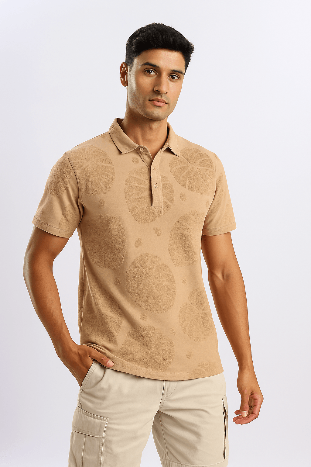 Beige Leaf Pattern Polo T-Shirt - styleflea