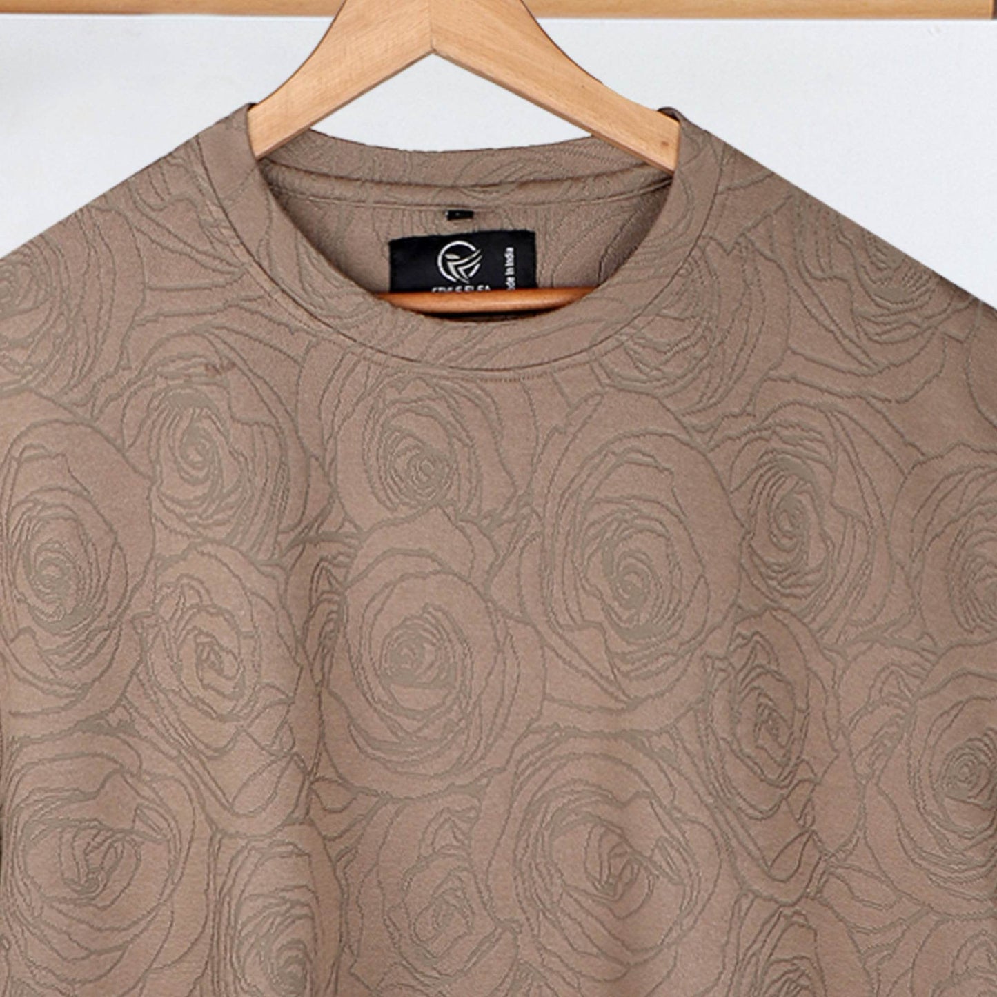 Beige Rose Embossed Drop Shoulder T-Shirt - styleflea