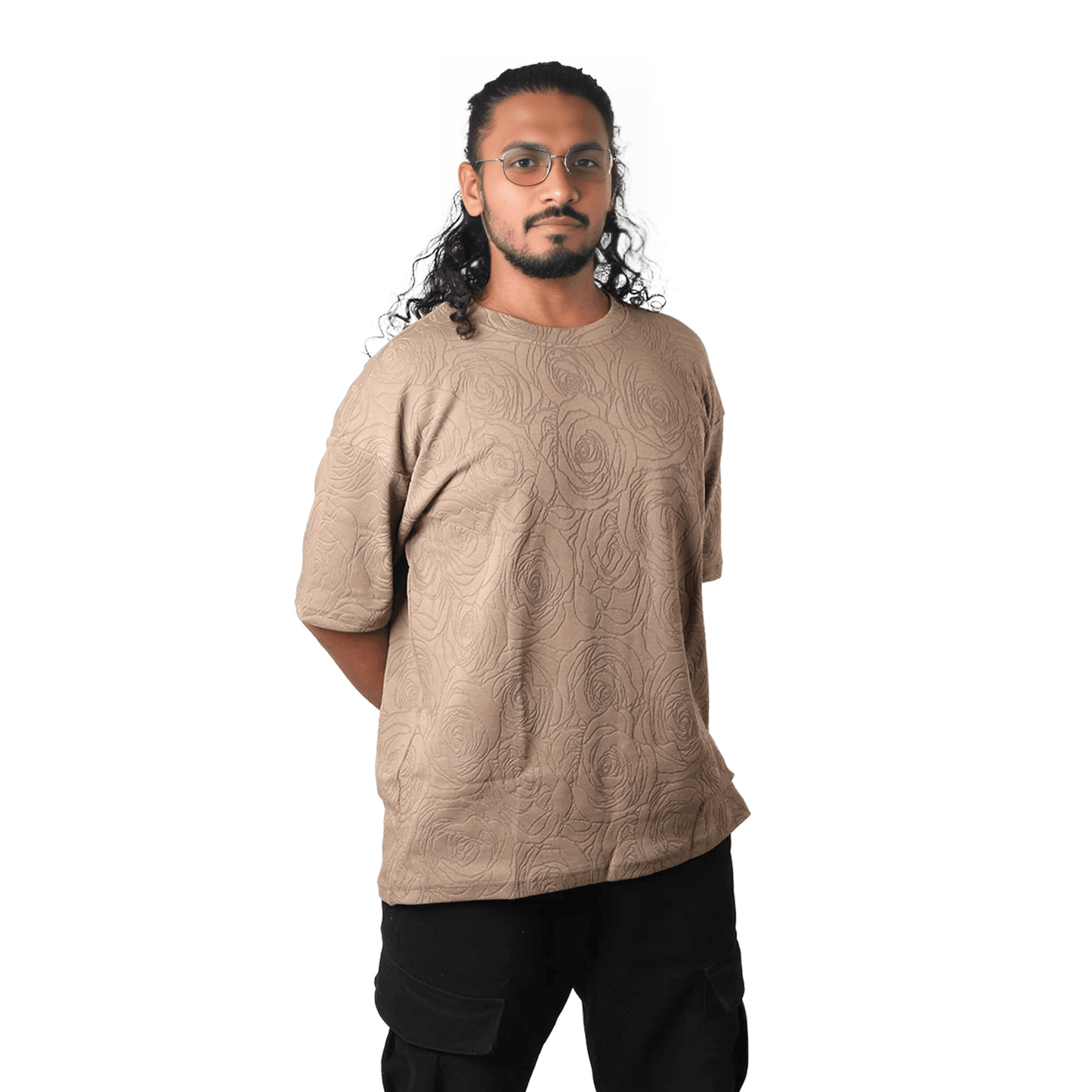 Beige Rose Embossed Drop Shoulder T-Shirt - styleflea