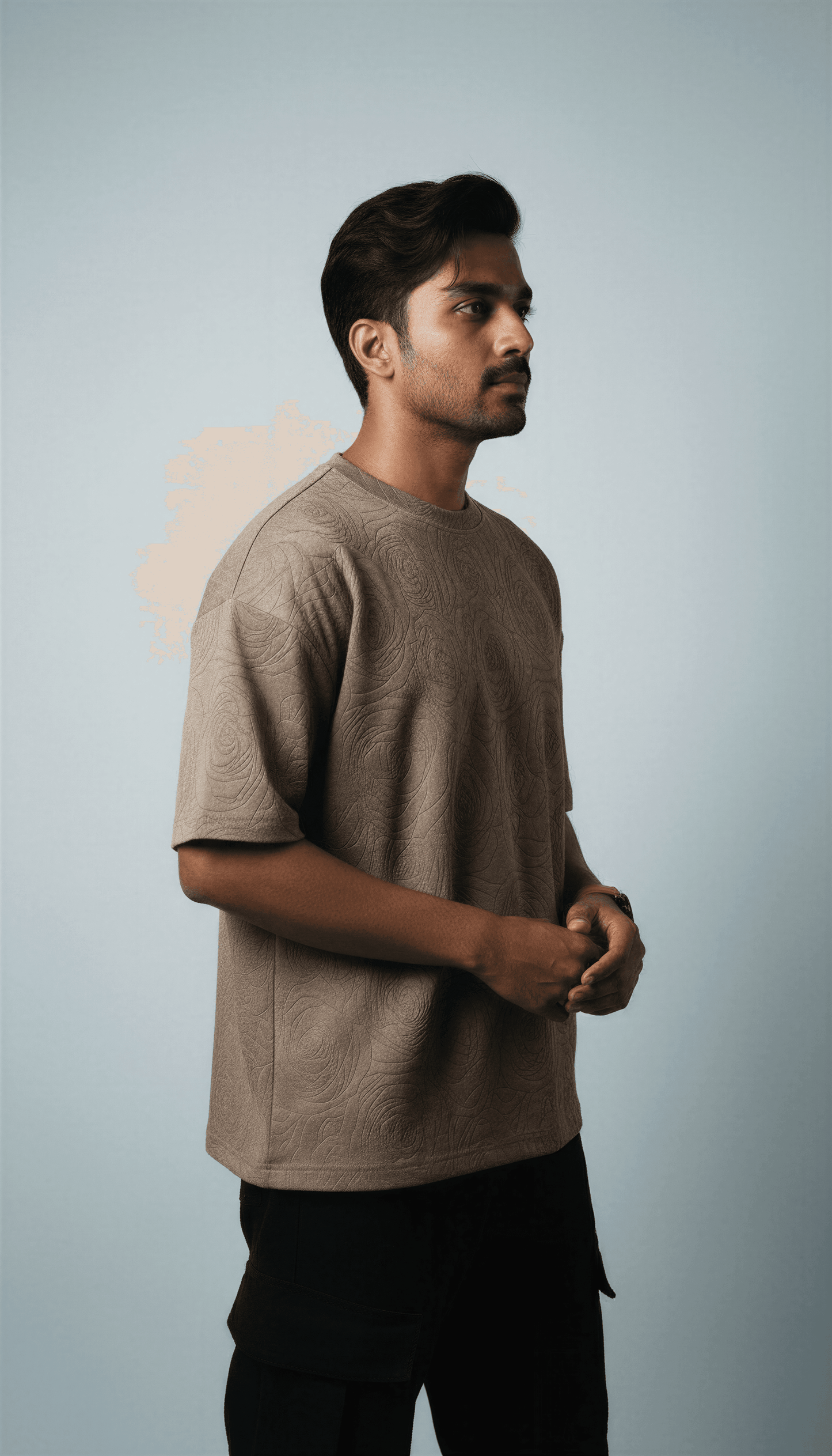 Beige Rose Embossed Drop Shoulder T-Shirt - styleflea