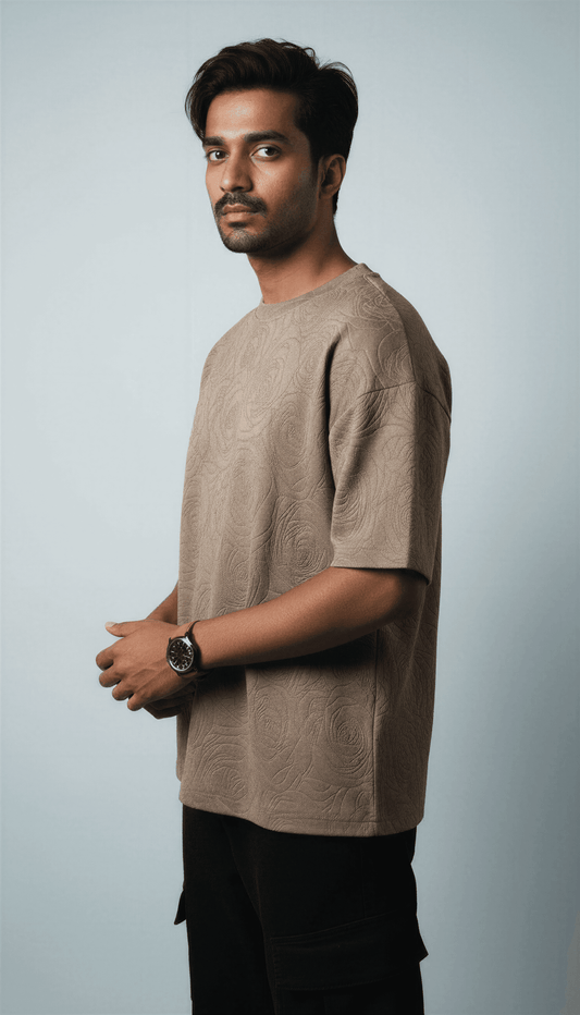 Beige Rose Embossed Drop Shoulder T-Shirt - styleflea