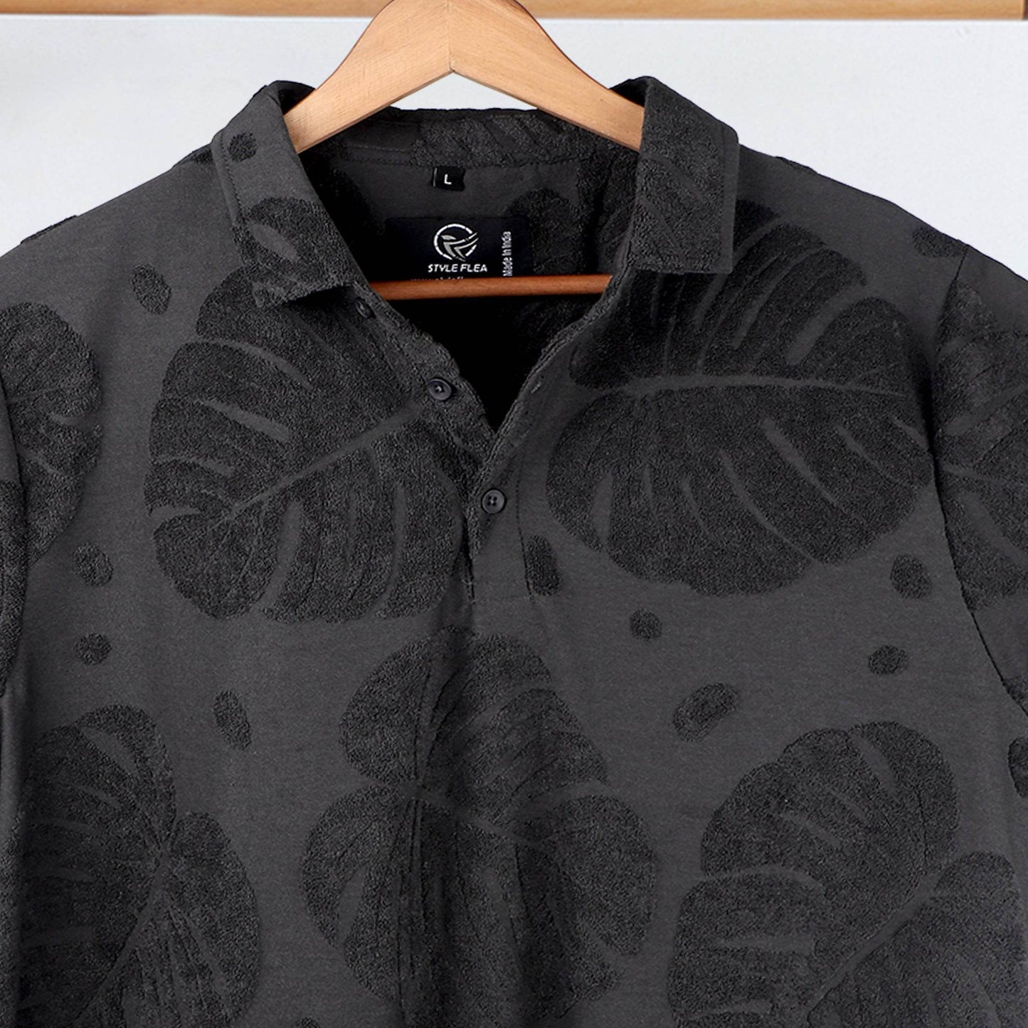 Charcoal Leaf Pattern Polo T-Shirt - styleflea