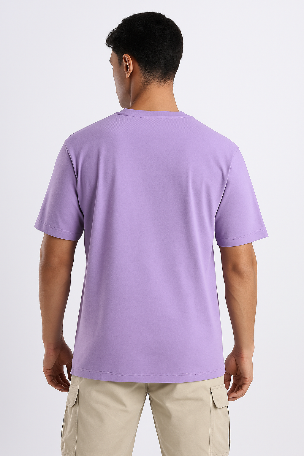 Lavender ribbed ultra stretch T-shirt, shown from the back.