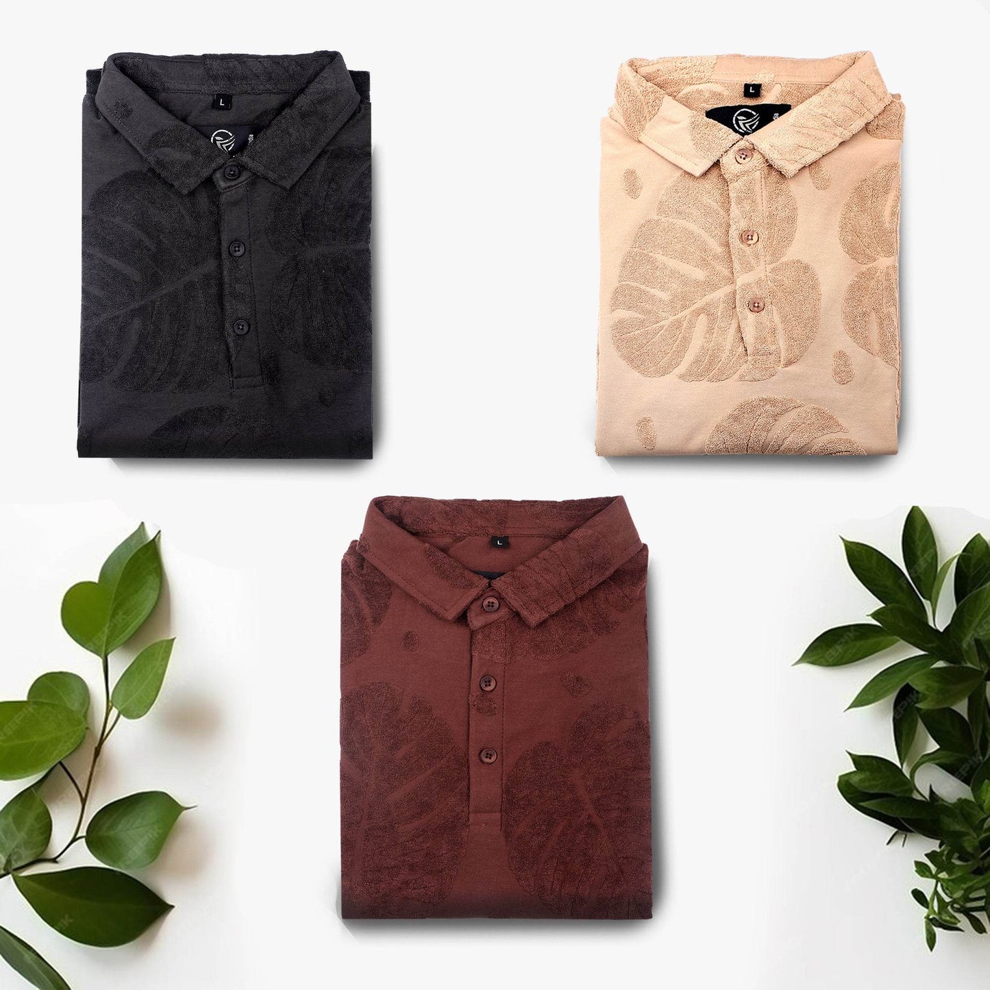 Charcoal Leaf Pattern Polo T-Shirt - styleflea