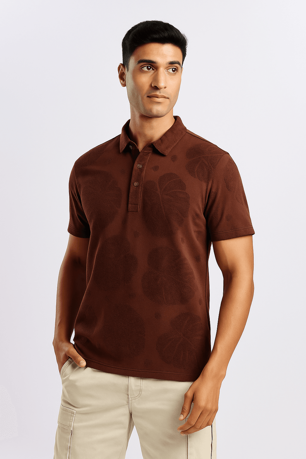 Maroon Leaf Pattern Polo T-Shirt - styleflea