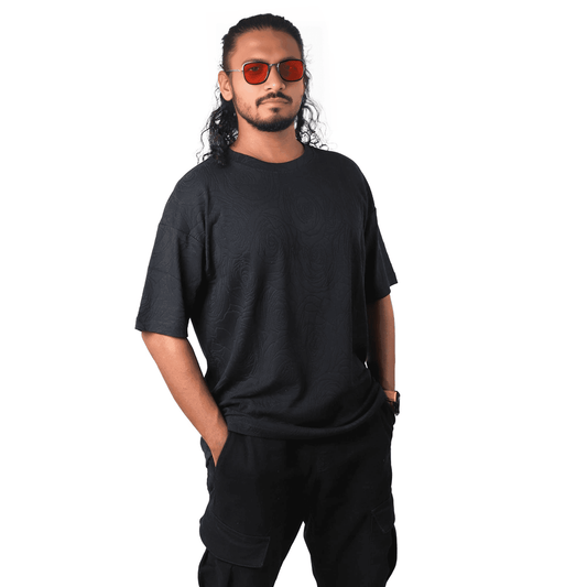 Navy Rose Embossed Drop Shoulder T-Shirt - styleflea