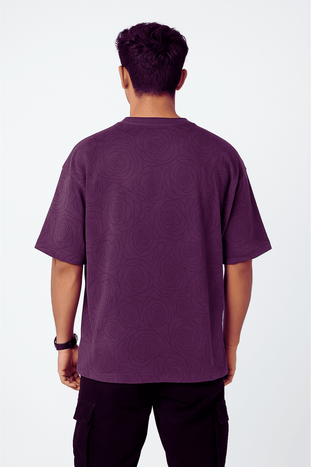 Purple Rose Embossed Drop Shoulder T-Shirt - styleflea