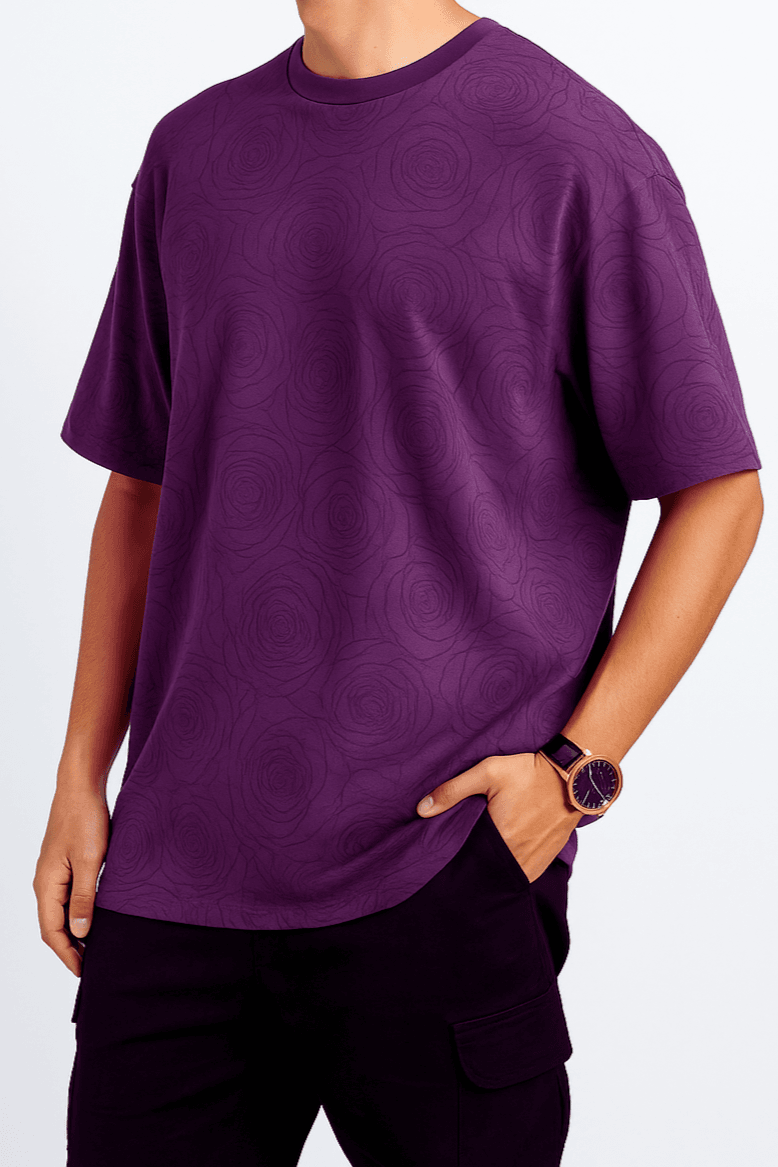 Purple Rose Embossed Drop Shoulder T-Shirt - styleflea
