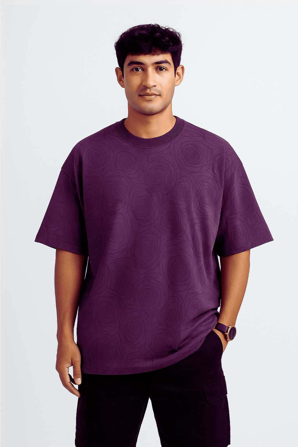 Purple Rose Embossed Drop Shoulder T-Shirt - styleflea
