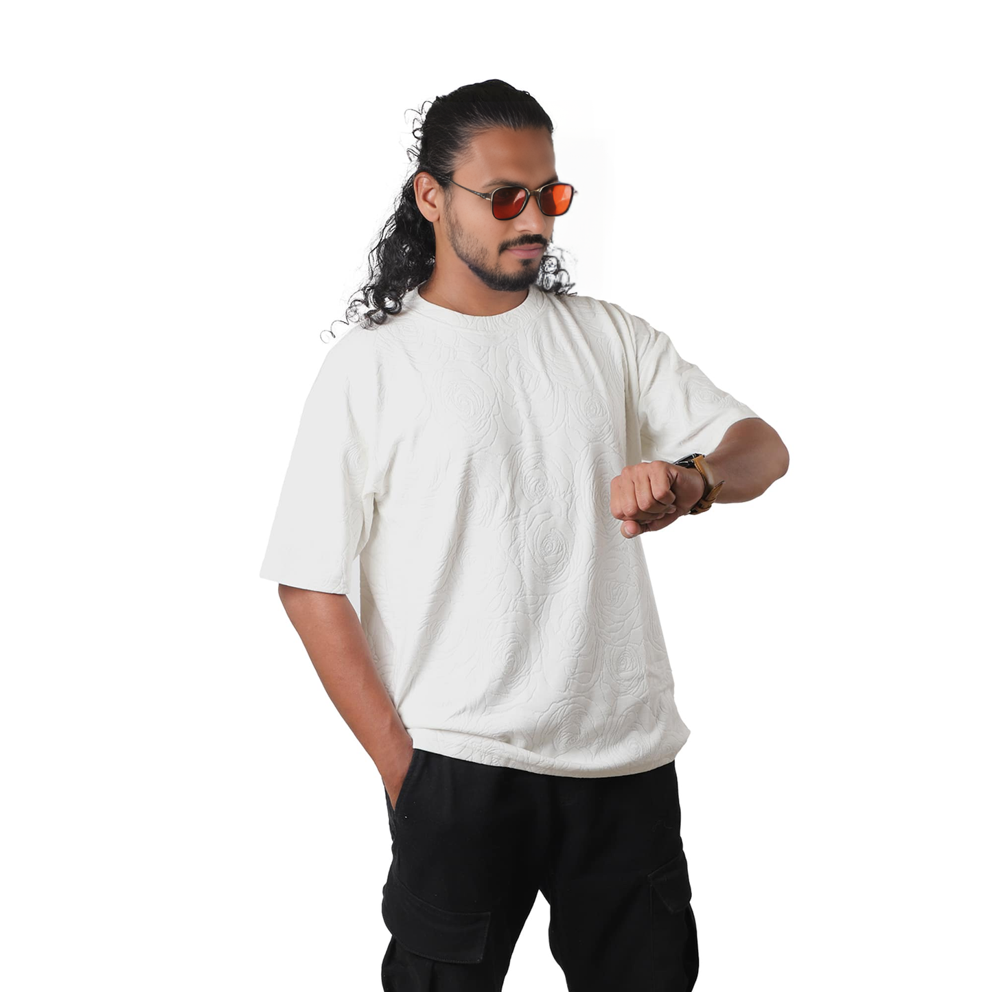 White Rose Embossed Drop Shoulder T-Shirt