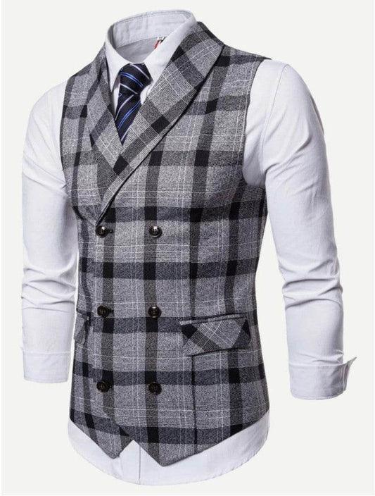 Men Plaid Double Breasted Pointed Hem Vest (ONLY VEST/NO SHIRT & TIE ) - styleflea