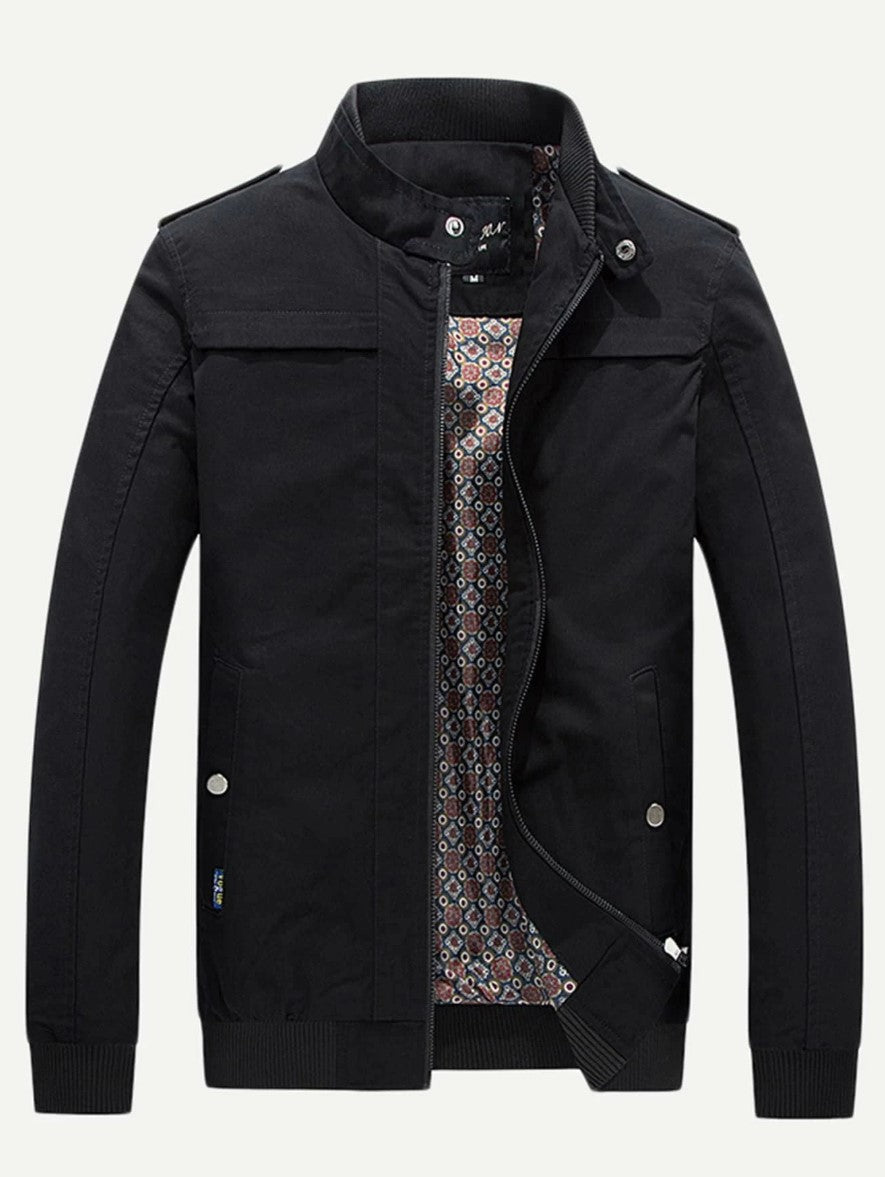 Men Stand Neck Zipper Fly Solid Jacket