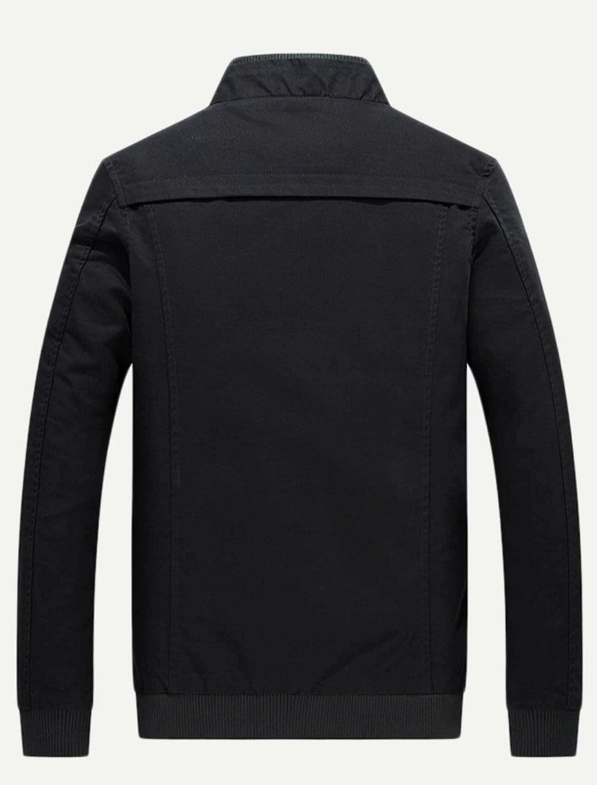 Men Stand Neck Zipper Fly Solid Jacket