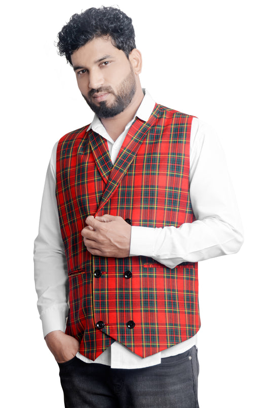 Men's Plaid Double-Breasted Red Waistcoat with White Shirt
