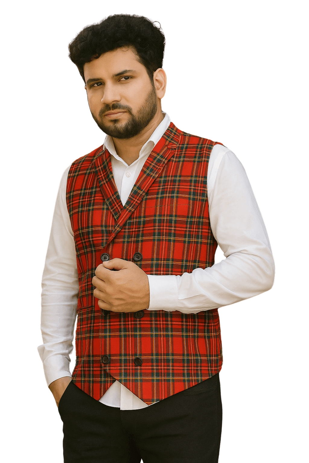 Vintage Plaid Red Regular Formal Waistcoat - styleflea