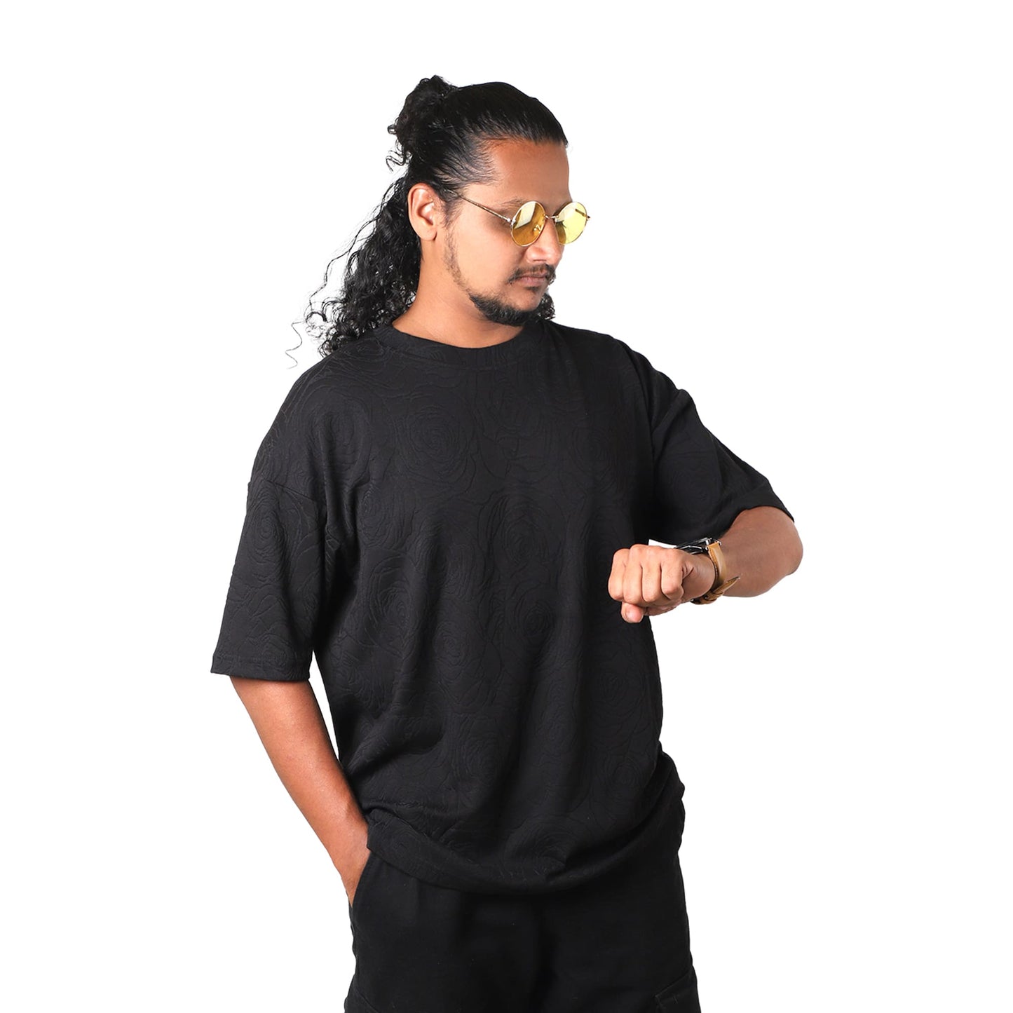 Navy Rose Embossed Drop Shoulder T-Shirt