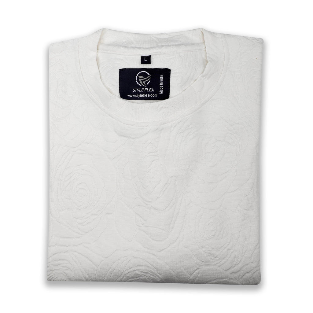 Rose White Embossed Drop Shoulder T-Shirt - styleflea