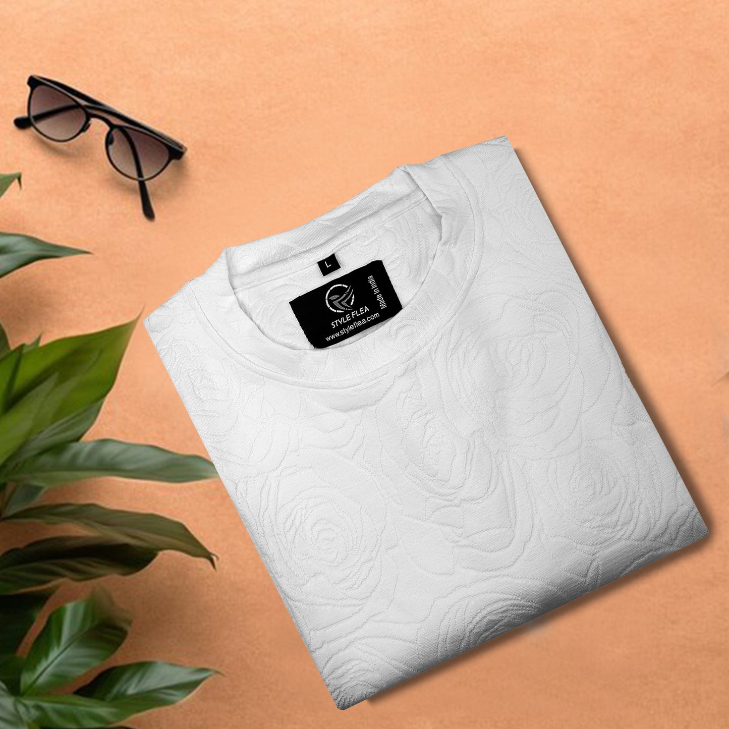 White Rose Embossed Drop Shoulder T-Shirt
