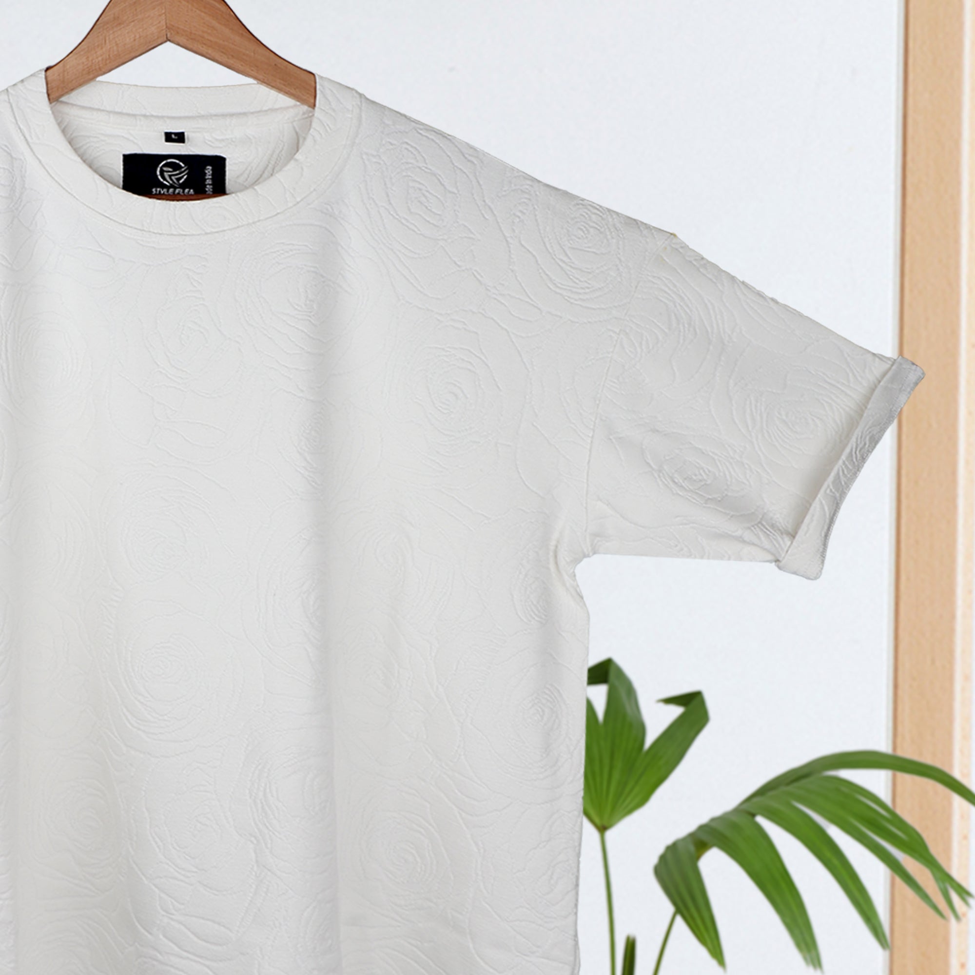 White Rose Embossed Drop Shoulder T-Shirt