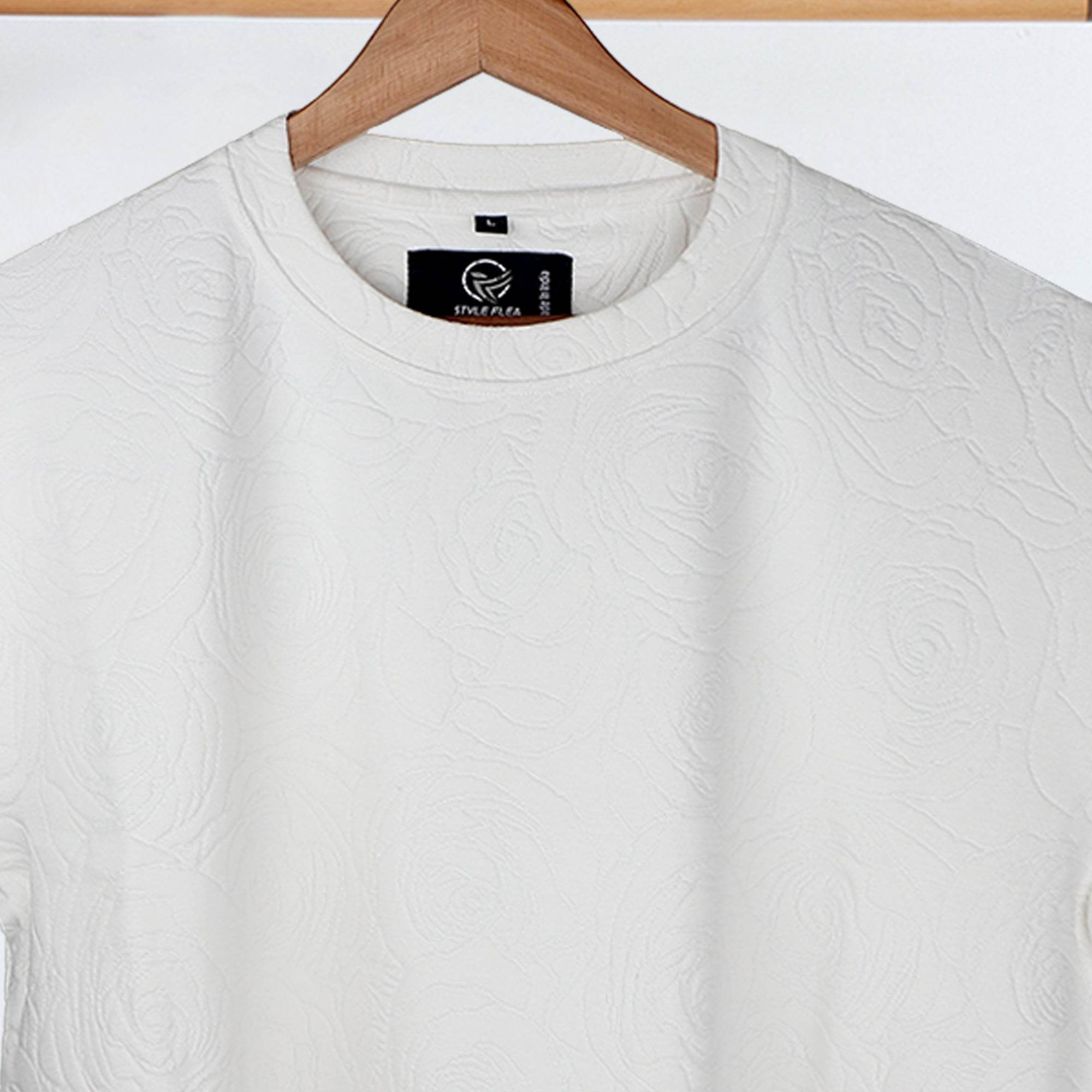 Rose White Embossed Drop Shoulder T-Shirt - styleflea