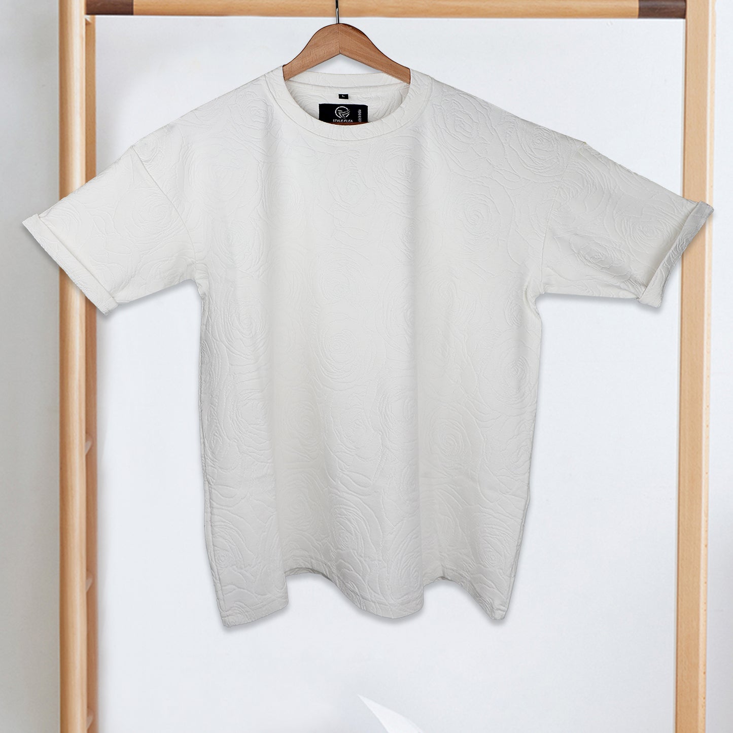 White Rose Embossed Drop Shoulder T-Shirt