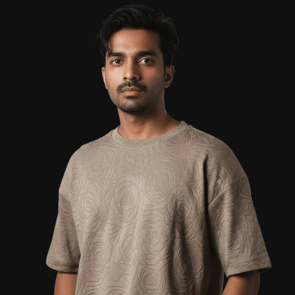 Rose Beige Embossed Drop Shoulder T-Shirt - styleflea