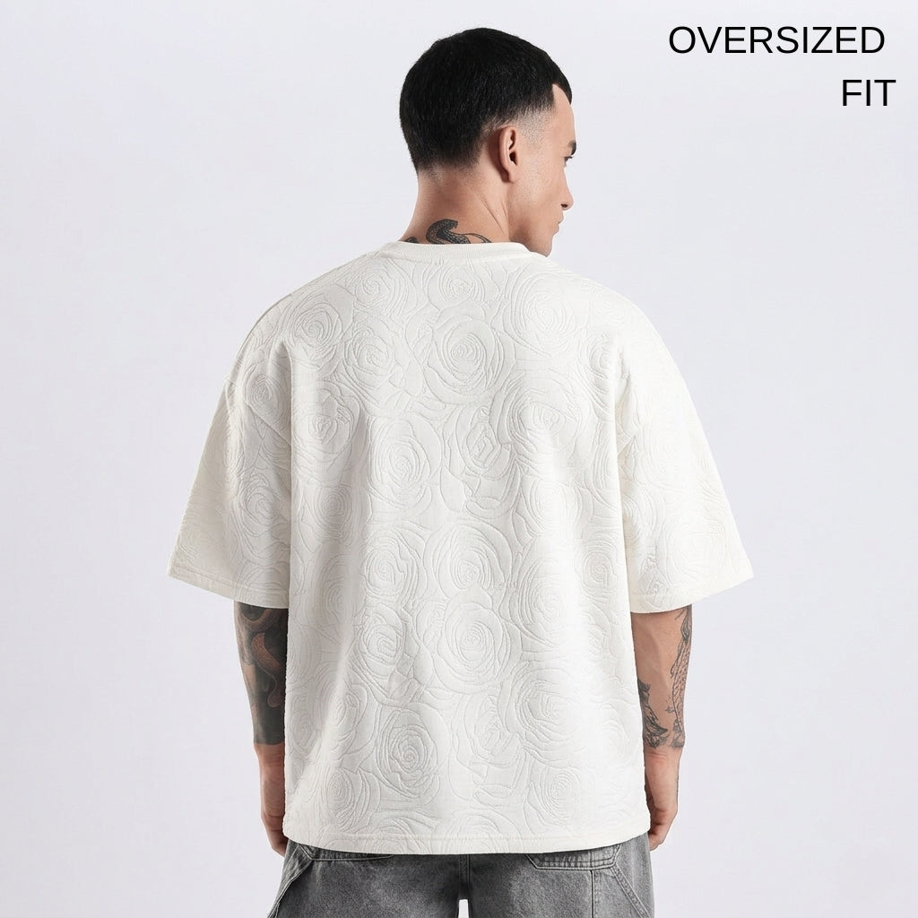 White Rose Embossed Drop Shoulder T-Shirt
