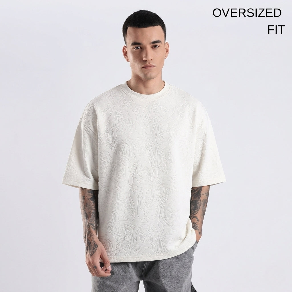 White Rose Embossed Drop Shoulder T-Shirt
