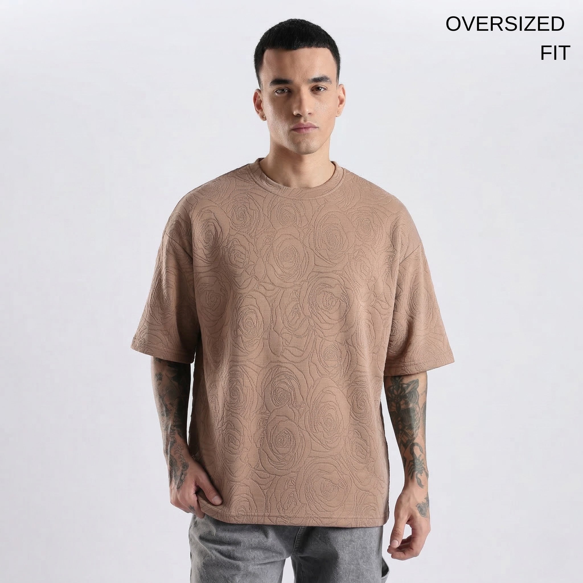 Beige Rose Embossed Drop Shoulder T-Shirt