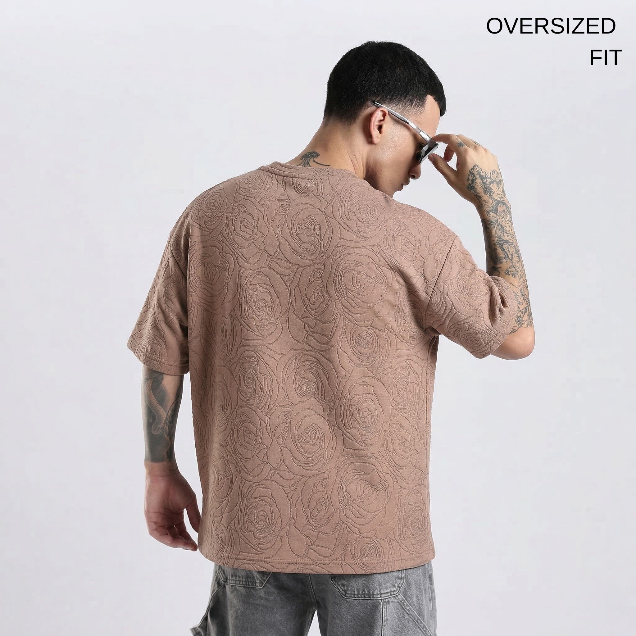 Beige Rose Embossed Drop Shoulder T-Shirt