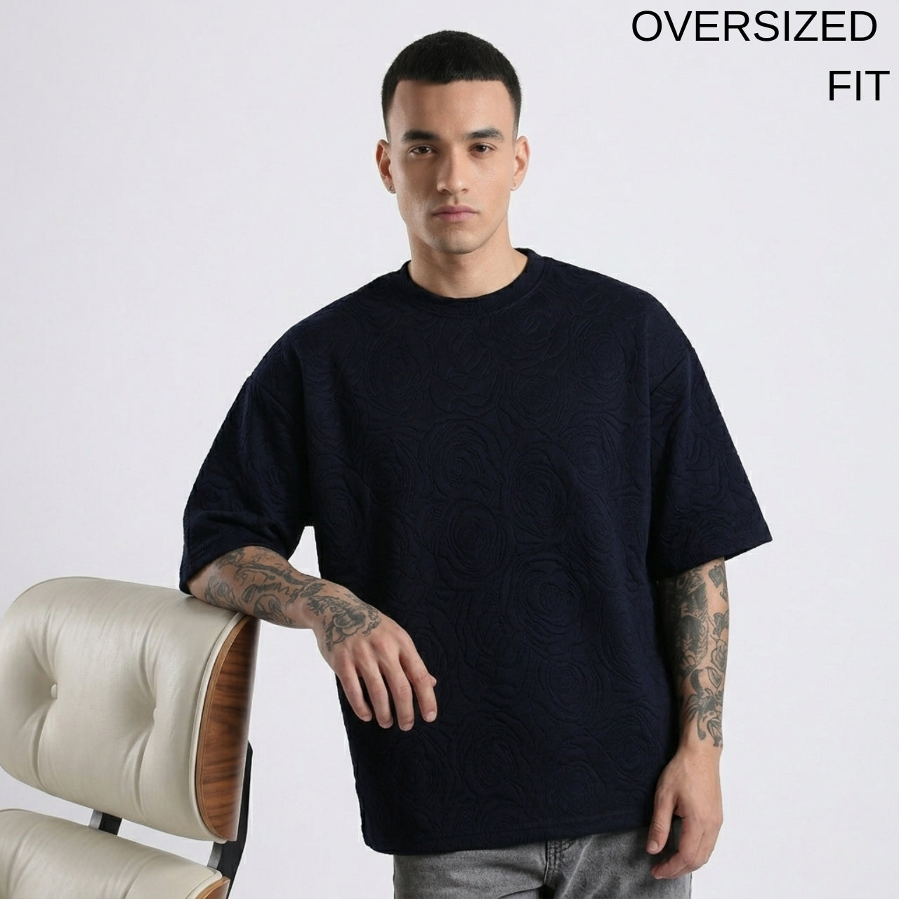 Midnight Navy Rose Embossed Oversized T-Shirt