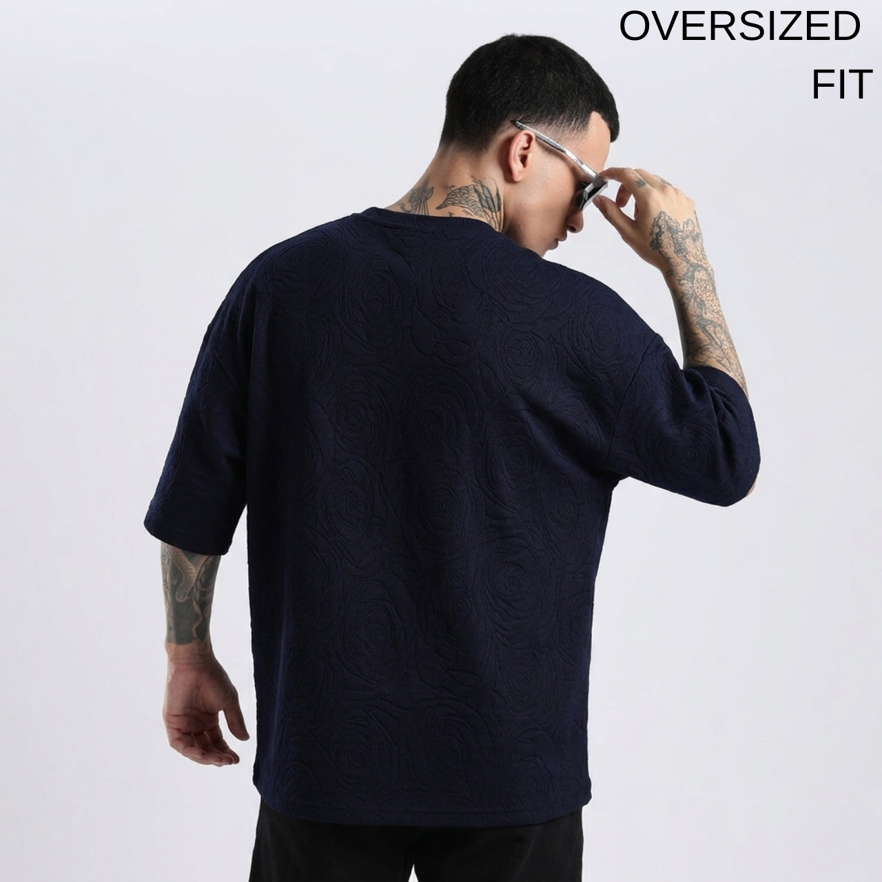 Midnight Navy Rose Embossed Oversized T-Shirt