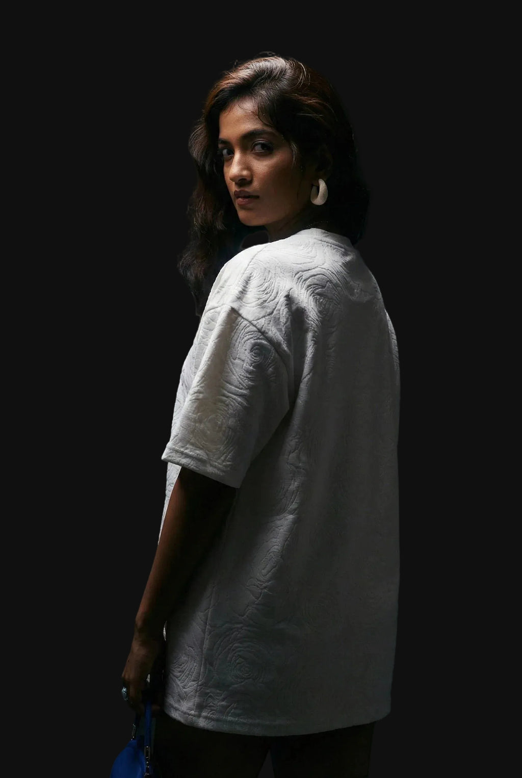 Rose White Embossed Drop Shoulder T-Shirt - styleflea