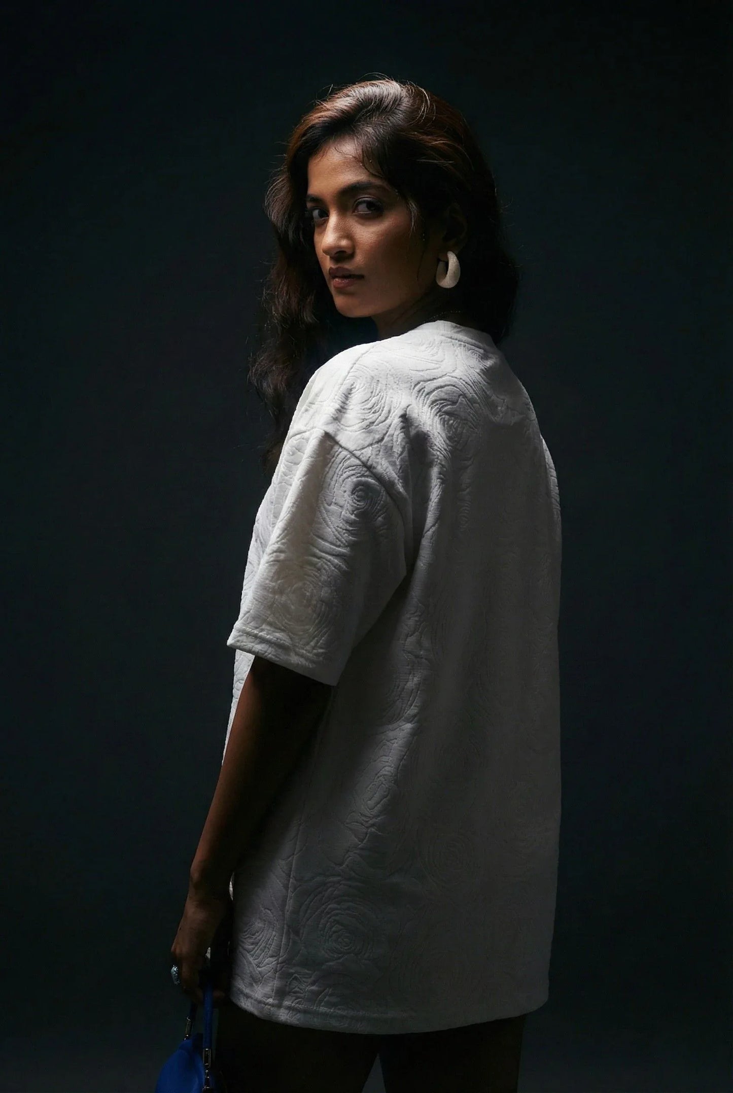 Rose White Embossed Drop Shoulder T-Shirt - styleflea