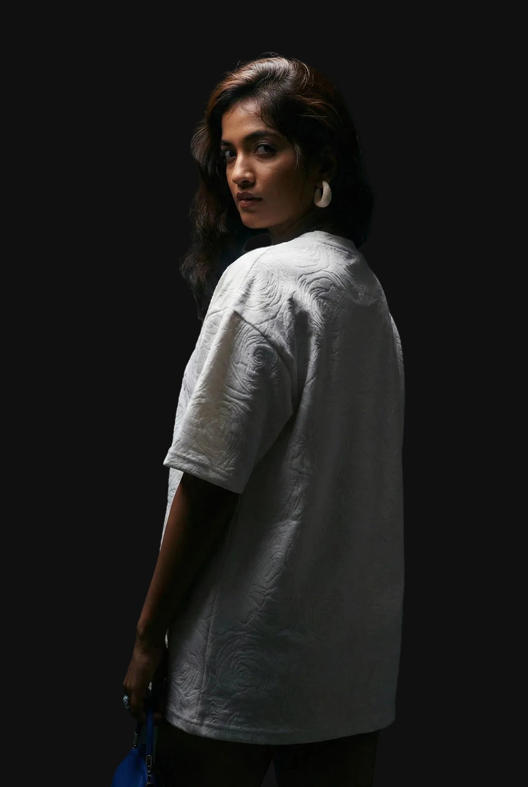 Rose White Embossed Drop Shoulder T-Shirt - styleflea