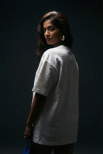 Rose White Embossed Drop Shoulder T-Shirt - styleflea