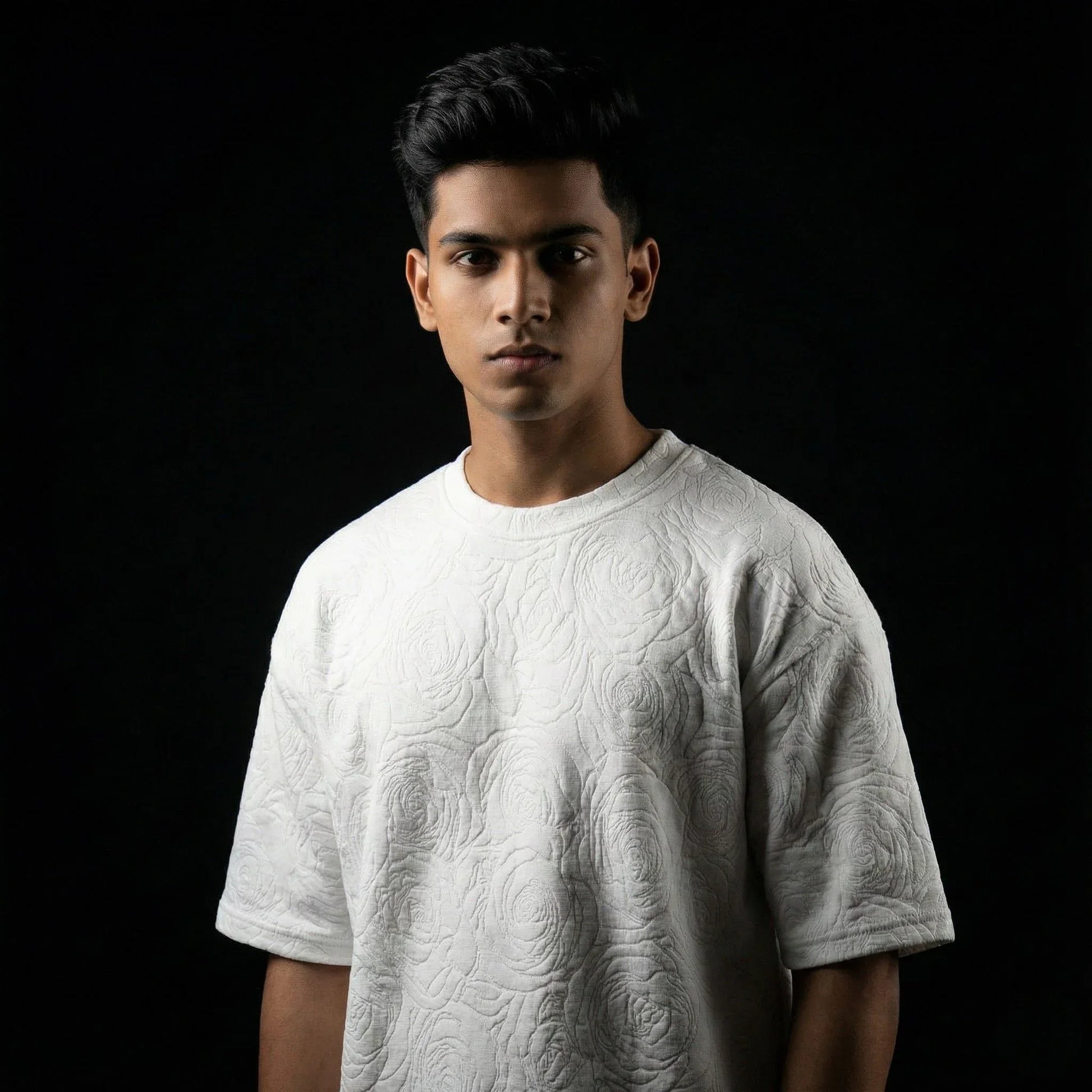 Rose White Embossed Drop Shoulder T-Shirt - styleflea