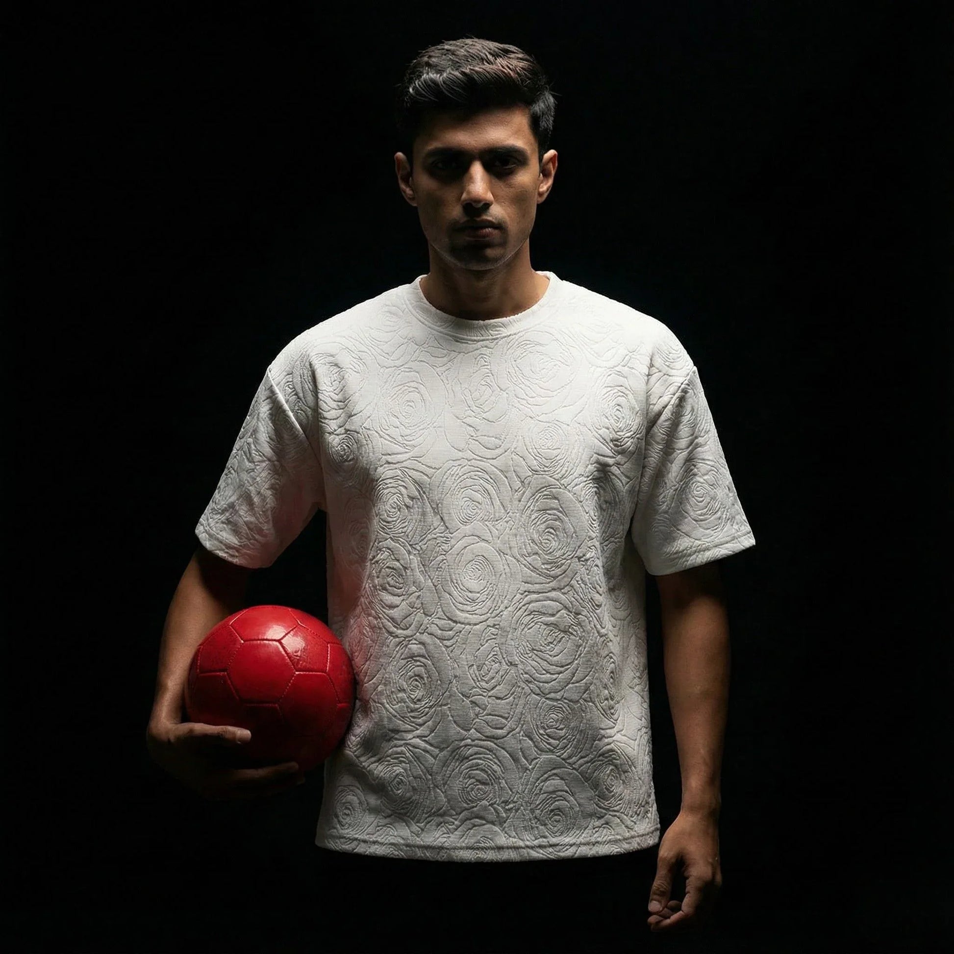 Rose White Embossed Drop Shoulder T-Shirt - styleflea